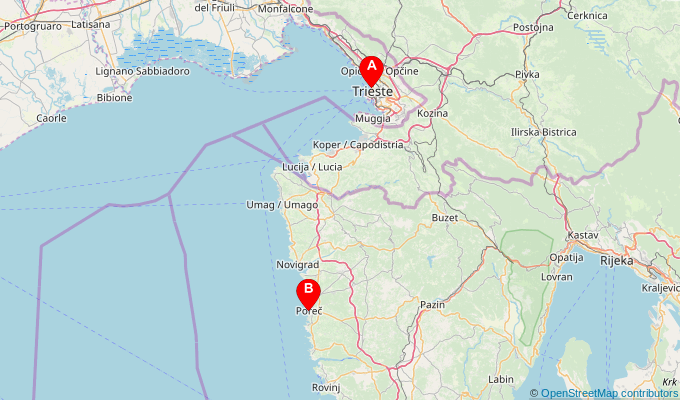 Map of ferry route between Trieste and Porec